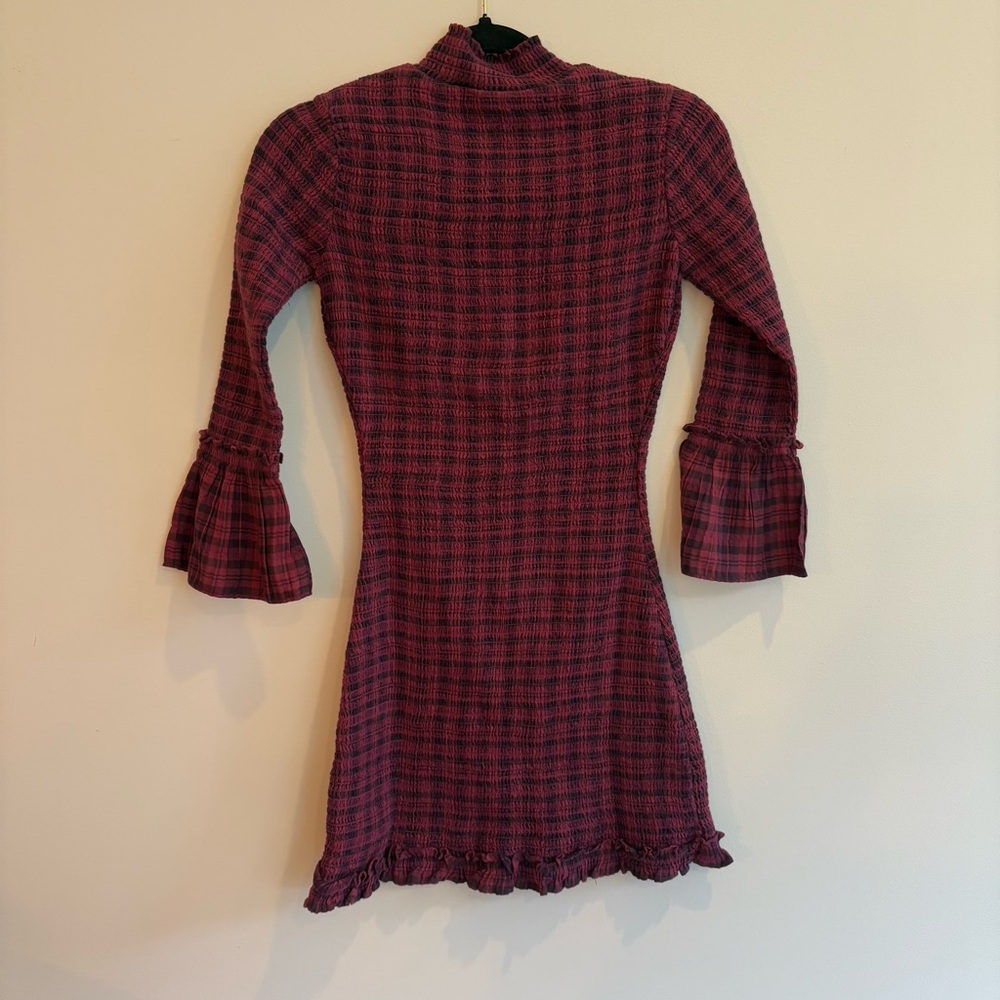 Free People Autumn Chill Plaid Mini Dress in Pomegranate Overdye - Picture 6 of 8